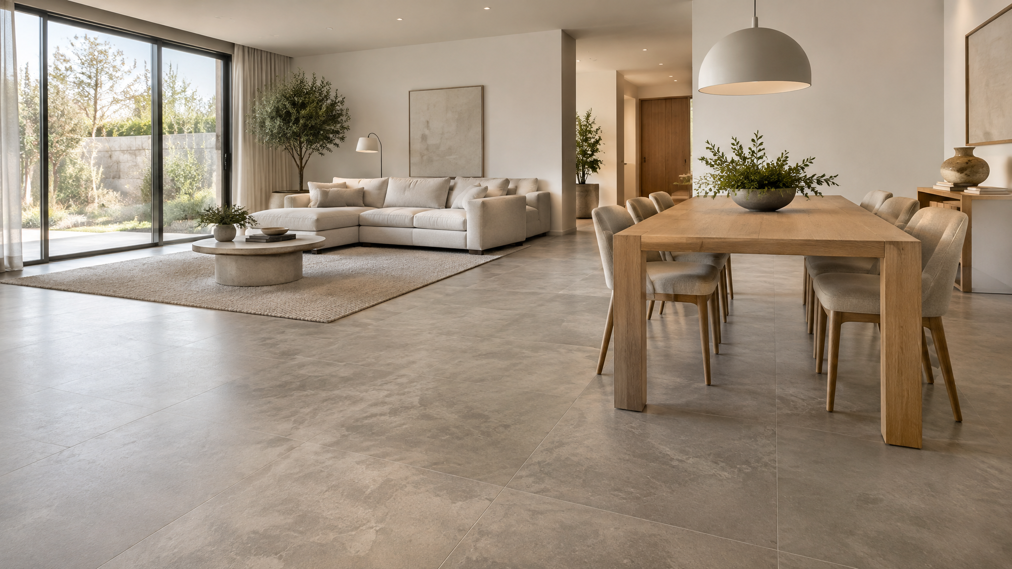 Moderner Wohn-Essbereich mit Designboden (Vinyl/LVT) in warmer Steinoptik