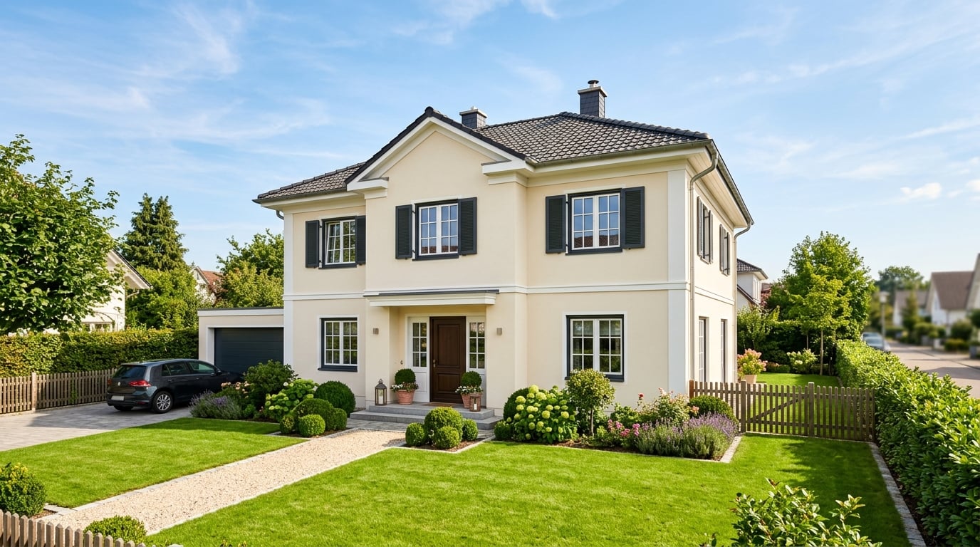 Frisch gestrichene Hausfassade in elegantem Cremeton